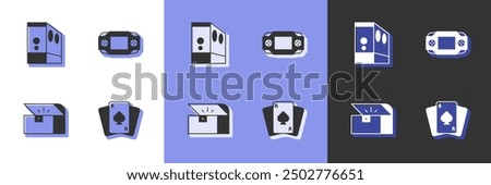 Set Playing cards, Case of computer, Chest for game and Portable video console icon. Vector