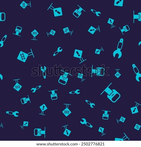 Set Railroad crossing, Wrench spanner, Exclamation mark square and Cable car on seamless pattern. Vector