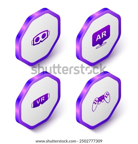 Set Isometric Virtual reality glasses, Augmented AR,  and Gamepad icon. Purple hexagon button. Vector