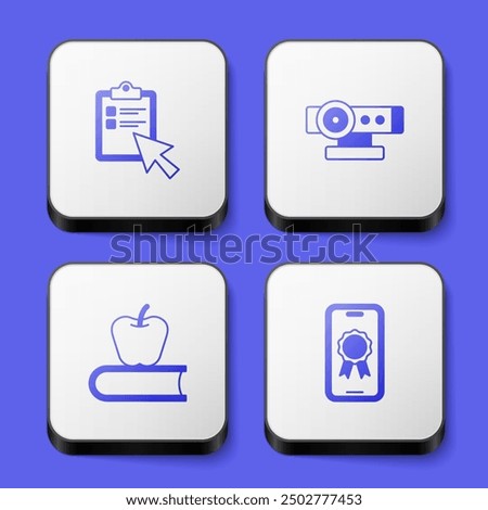 Set Online quiz, test, survey, Web camera, Book with apple and education diploma icon. White square button. Vector