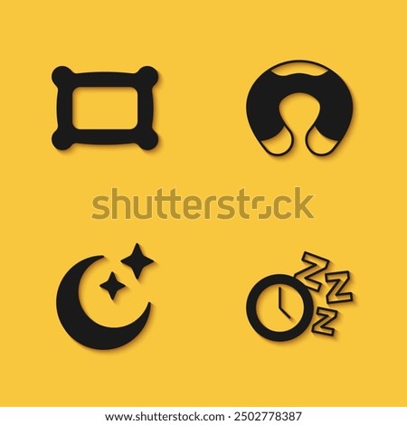 Set Pillow, Alarm clock, Moon and stars and Travel neck pillow icon with long shadow. Vector