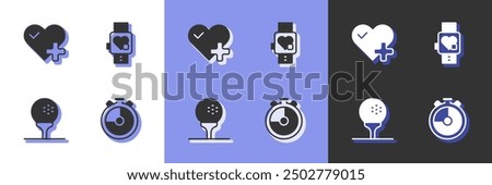 Set Stopwatch, Heart rate, Golf ball on tee and Smart with heart icon. Vector