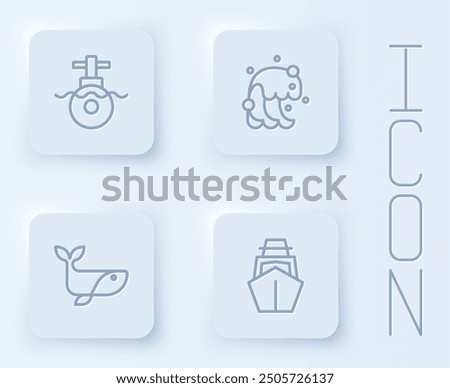 Set line Submarine, Tsunami, Whale and Yacht sailboat. White square button. Vector