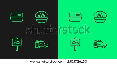 Set line Taxi car, Road sign for taxi stand, Credit card and driver cap icon. Vector