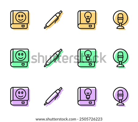 Set line User manual, Book, Pen and Microphone icon. Vector