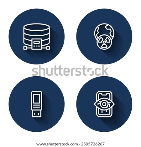 Set line Cloud database, Planet earth and radiation, USB flash drive and Computer vision with long shadow. Blue circle button. Vector