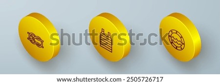 Set Isometric line Nautical rope knots, Striped sailor t-shirt and Ship porthole icon. Vector