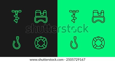 Set line Lifebuoy, Fishing hook, Hand ice drill and Diving mask icon. Vector