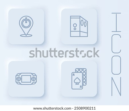 Set line Power button, Case of computer, Portable video game console and Playing cards. White square button. Vector