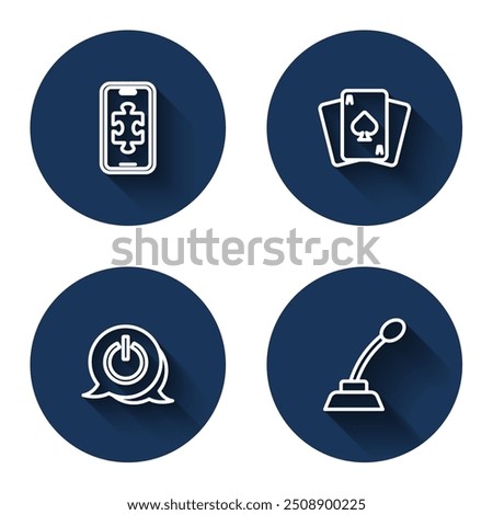 Set line Mobile gaming, Playing cards, Power button and Microphone with long shadow. Blue circle button. Vector