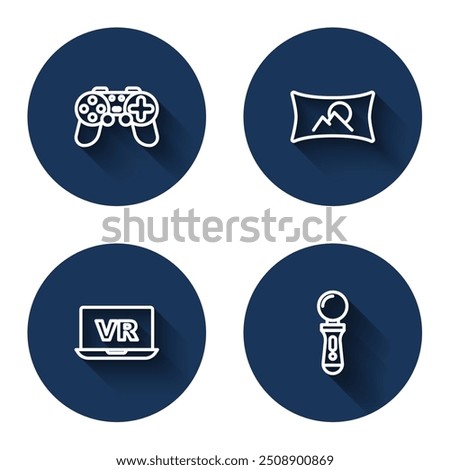 Set line Gamepad, Wide angle picture, Virtual reality and VR controller game with long shadow. Blue circle button. Vector