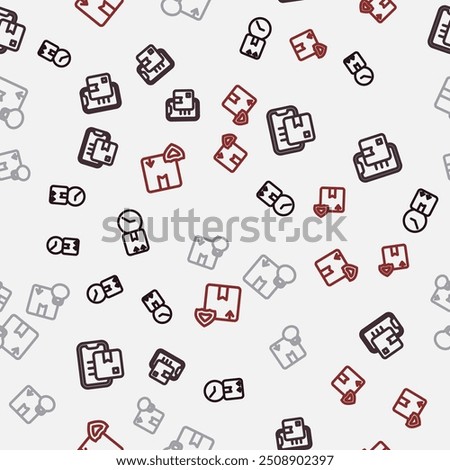 Set line Cardboard box with clock, Document tracking marker, Carton cardboard and Delivery security shield on seamless pattern. Vector