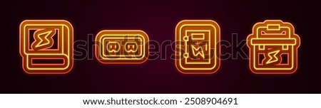 Set line Book about electricity, Electrical outlet, panel and Toolbox electrician. Glowing neon icon. Vector