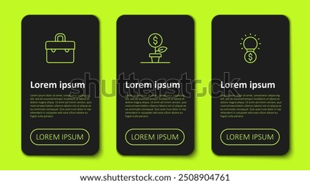 Set line Briefcase, Dollar plant and Light bulb with dollar. Business infographic template. Vector