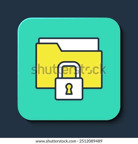 Filled outline Folder and lock icon isolated on blue background. Closed folder and padlock. Security, safety, protection concept. Turquoise square button. Vector