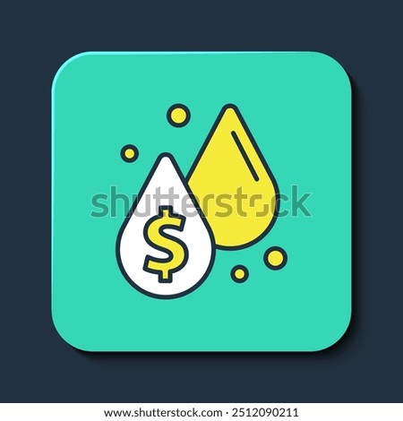 Filled outline Oil drop with dollar symbol icon isolated on blue background. Oil price. Oil and petroleum industry. Turquoise square button. Vector