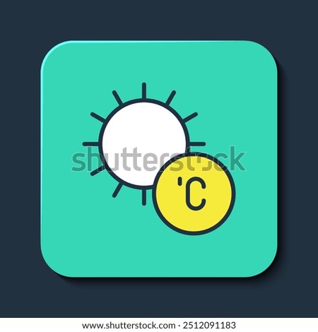 Filled outline Sun icon isolated on blue background. Turquoise square button. Vector