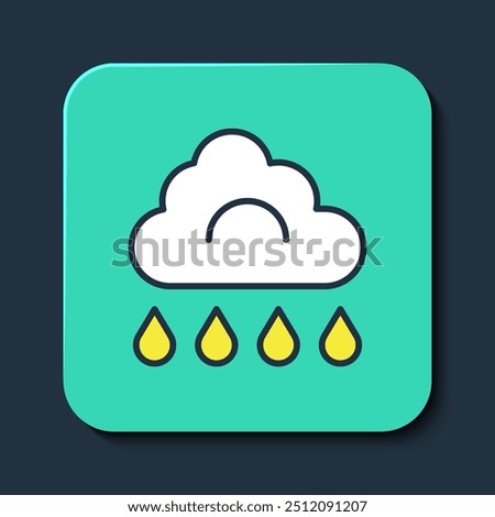 Filled outline Cloud with rain icon isolated on blue background. Rain cloud precipitation with rain drops. Turquoise square button. Vector