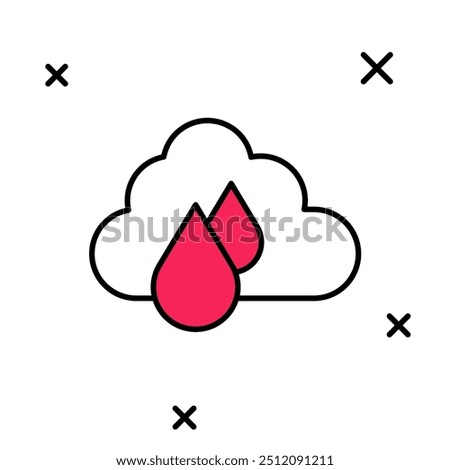 Filled outline Cloud with rain icon isolated on white background. Rain cloud precipitation with rain drops.  Vector