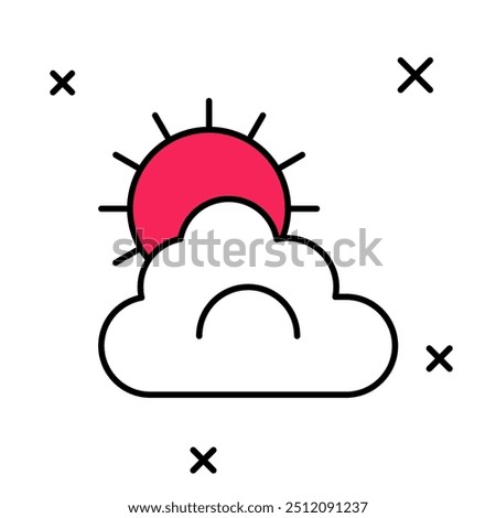 Filled outline Sun and cloud weather icon isolated on white background.  Vector