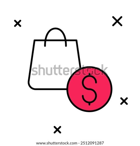 Filled outline Shopping bag and dollar icon isolated on white background. Handbag sign. Woman bag icon. Female handbag sign.  Vector