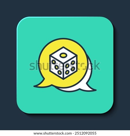 Filled outline Game dice icon isolated on blue background. Casino gambling. Turquoise square button. Vector