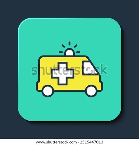 Filled outline Ambulance and emergency car icon isolated on blue background. Ambulance vehicle medical evacuation. Turquoise square button. Vector