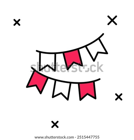 Filled outline Carnival garland with flags icon isolated on white background. Party pennants for birthday celebration, festival decoration.  Vector