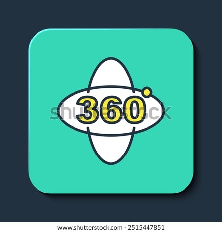 Filled outline 360 degree view icon isolated on blue background. Virtual reality. Angle 360 degree camera. Panorama photo. Turquoise square button. Vector