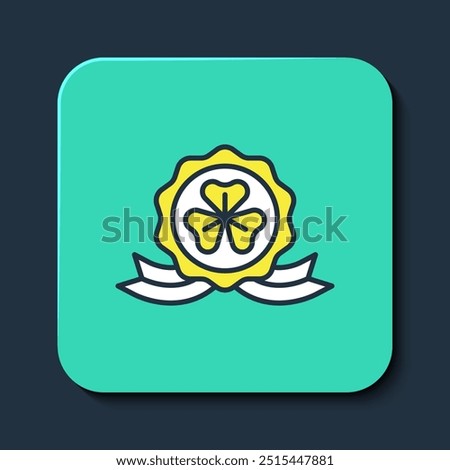 Filled outline Medal with clover trefoil leaf icon isolated on blue background. Happy Saint Patricks day. National Irish holiday. Turquoise square button. Vector