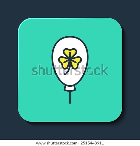 Filled outline Balloon with clover trefoil leaf icon isolated on blue background. Happy Saint Patricks day. National Irish holiday. Turquoise square button. Vector