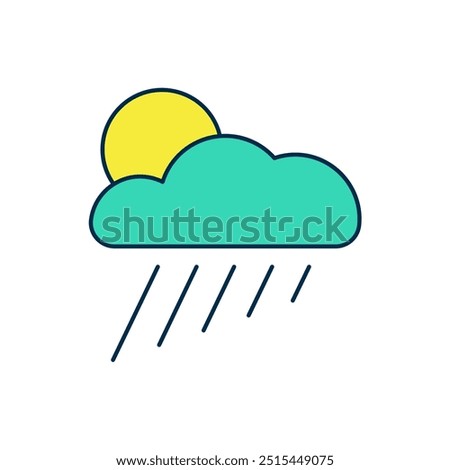 Filled outline Cloud with rain and sun icon isolated on white background. Rain cloud precipitation with rain drops.  Vector