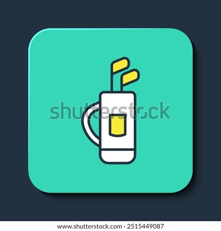 Filled outline Golf bag with clubs icon isolated on blue background. Turquoise square button. Vector