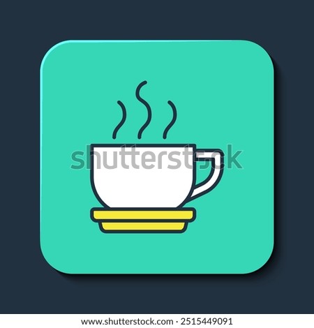 Filled outline Coffee cup icon isolated on blue background. Tea cup. Hot drink coffee. Turquoise square button. Vector