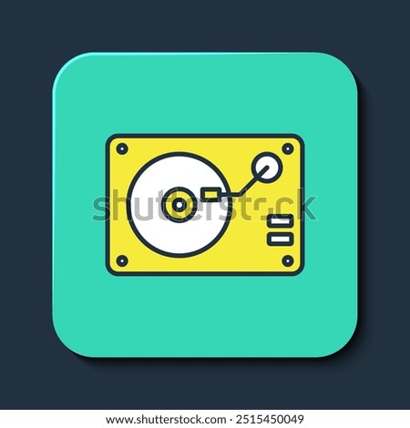 Filled outline Vinyl player with a vinyl disk icon isolated on blue background. Turquoise square button. Vector