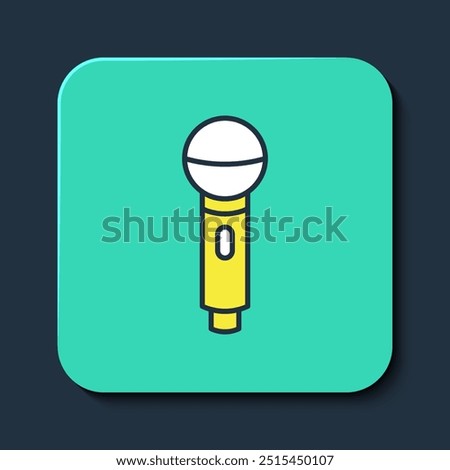 Filled outline Microphone icon isolated on blue background. On air radio mic microphone. Speaker sign. Turquoise square button. Vector