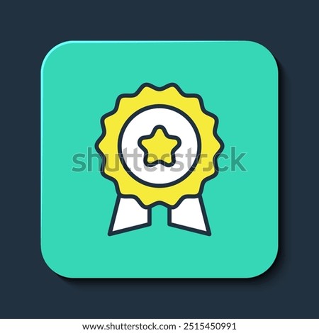 Filled outline Medal with star icon isolated on blue background. Winner symbol. Turquoise square button. Vector