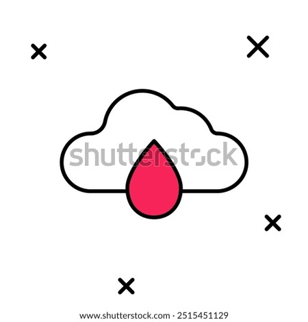 Filled outline Cloud with rain icon isolated on white background. Rain cloud precipitation with rain drops.  Vector