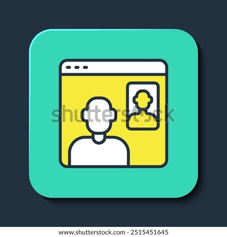 Filled outline Video chat conference icon isolated on blue background. Online meeting work form home. Remote project management. Turquoise square button. Vector