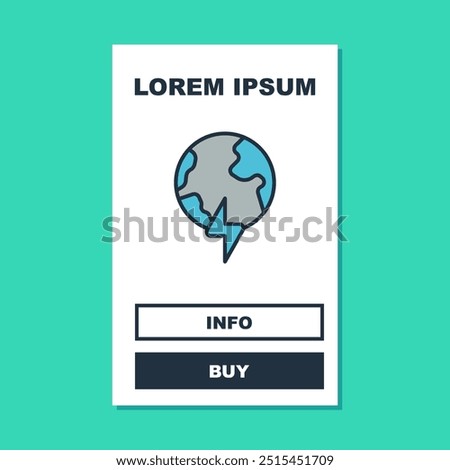 Filled outline Global energy power planet with flash thunderbolt icon isolated on turquoise background. Ecology concept and environmental.  Vector