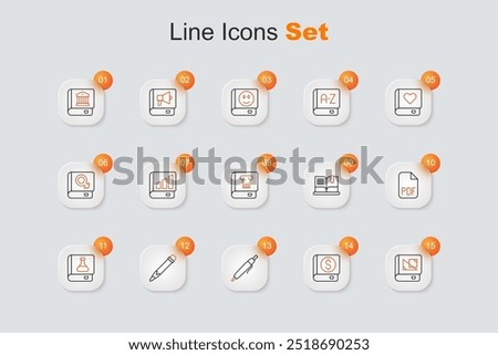 Set line Book about geometry, Financial book, Pen, Pencil with eraser, Chemistry, PDF file document, Open and History icon. Vector