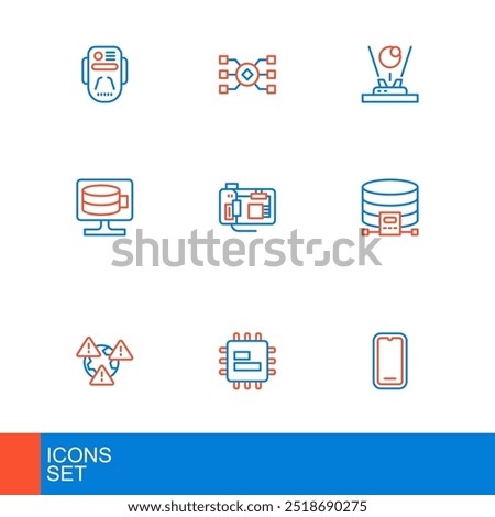 Set line Mobile phone, Processor CPU, Earth with exclamation mark, Cloud database, Motherboard, Hologram and Neural network icon. Vector