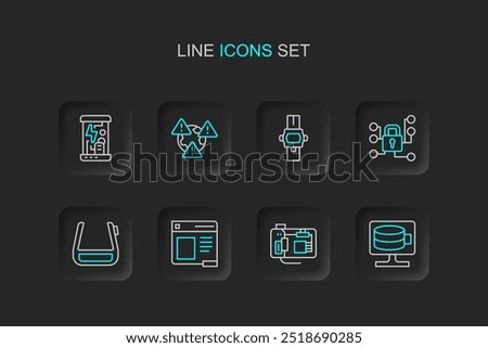 Set line Cloud database, Motherboard, Browser window, Smart glasses on spectacles, Cyber security, Wrist watch, Earth with exclamation mark and Cryogenic capsules icon. Vector