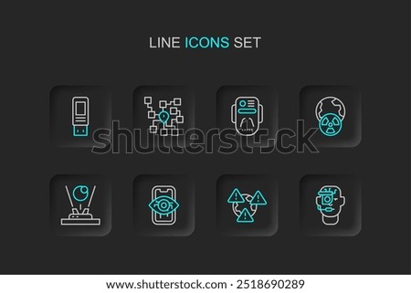 Set line Smart glasses on spectacles, Earth with exclamation mark, Computer vision, Hologram, Planet earth and radiation, Artificial intelligence robot, Neural network and USB flash drive icon. Vector