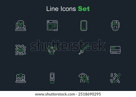 Set line Medical pill biohacking, Eye scan, USB flash drive, Internet piracy, Credit card, Katana, Earth with exclamation mark and Neural network icon. Vector