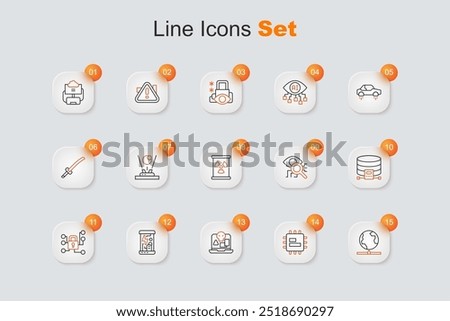 Set line Global technology, Processor CPU, Internet piracy, Cryogenic capsules, Cyber security, Cloud database, Eye scan and Radioactive waste in barrel icon. Vector