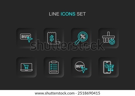 Set line Mobile with shopping cart, Buy button, Clipboard checklist, Shopping screen laptop, Add basket, Magnifying glass percent, Paper and financial and  icon. Vector