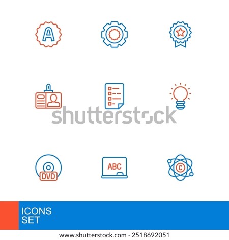 Set line Atom, Chalkboard, CD or DVD disk, Creative lamp light idea, Identification badge, Clipboard with checklist, Medal star and Gear icon. Vector