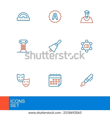 Set line Fountain pen nib, School timetable, Comedy and tragedy masks, Molecule, Law pillar, Ringing bell, Graduate graduation cap and Exam sheet with A plus grade icon. Vector