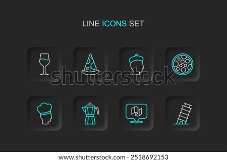 Set line Leaning tower in Pisa, Flag Italy, Coffee maker moca pot, Italian cook, Pizza, French man, Slice pizza and Wine glass icon. Vector